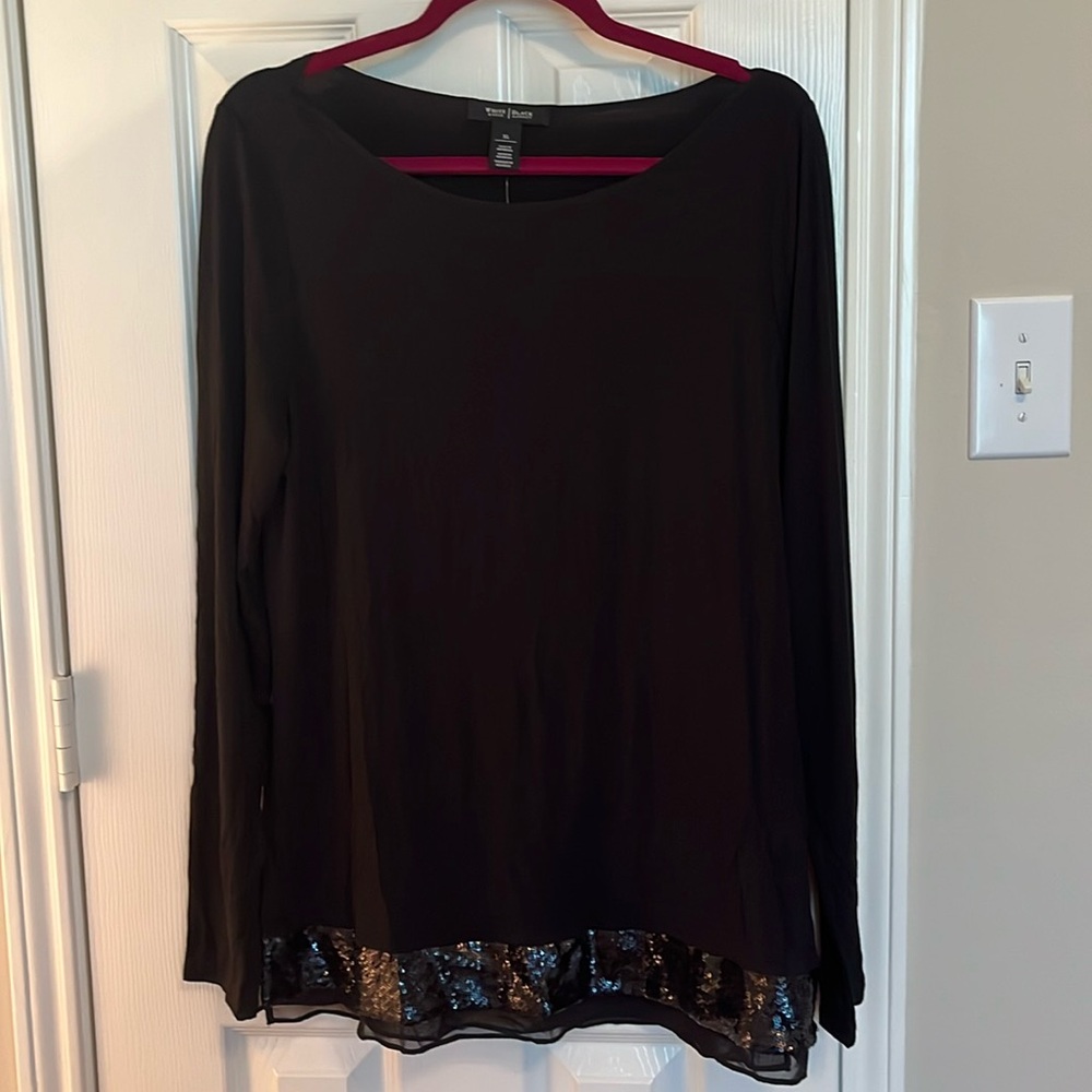 White House Black Market Black Long Sleeve Top with Sequin Hem